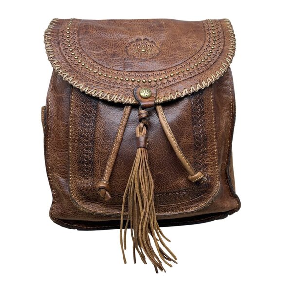 Patricia Nash Brown Embossed Leather Backpack Tassel & Decorative Stitching Sz M - Picture 1 of 14